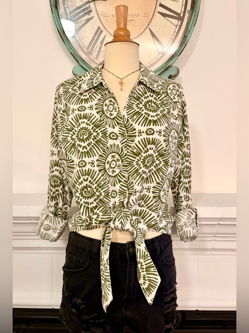 Haute Hippie Green and White Floral Medallion Blouse